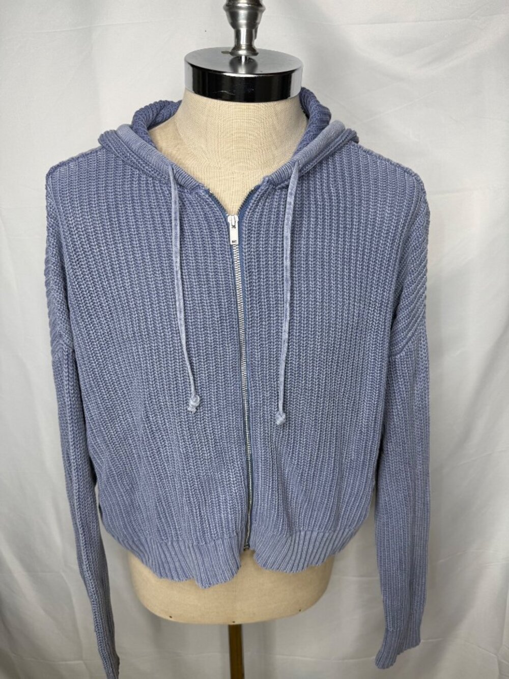 Aerie Large Zip-Up Hoodie Cable Knit Sweater Blue Cropped